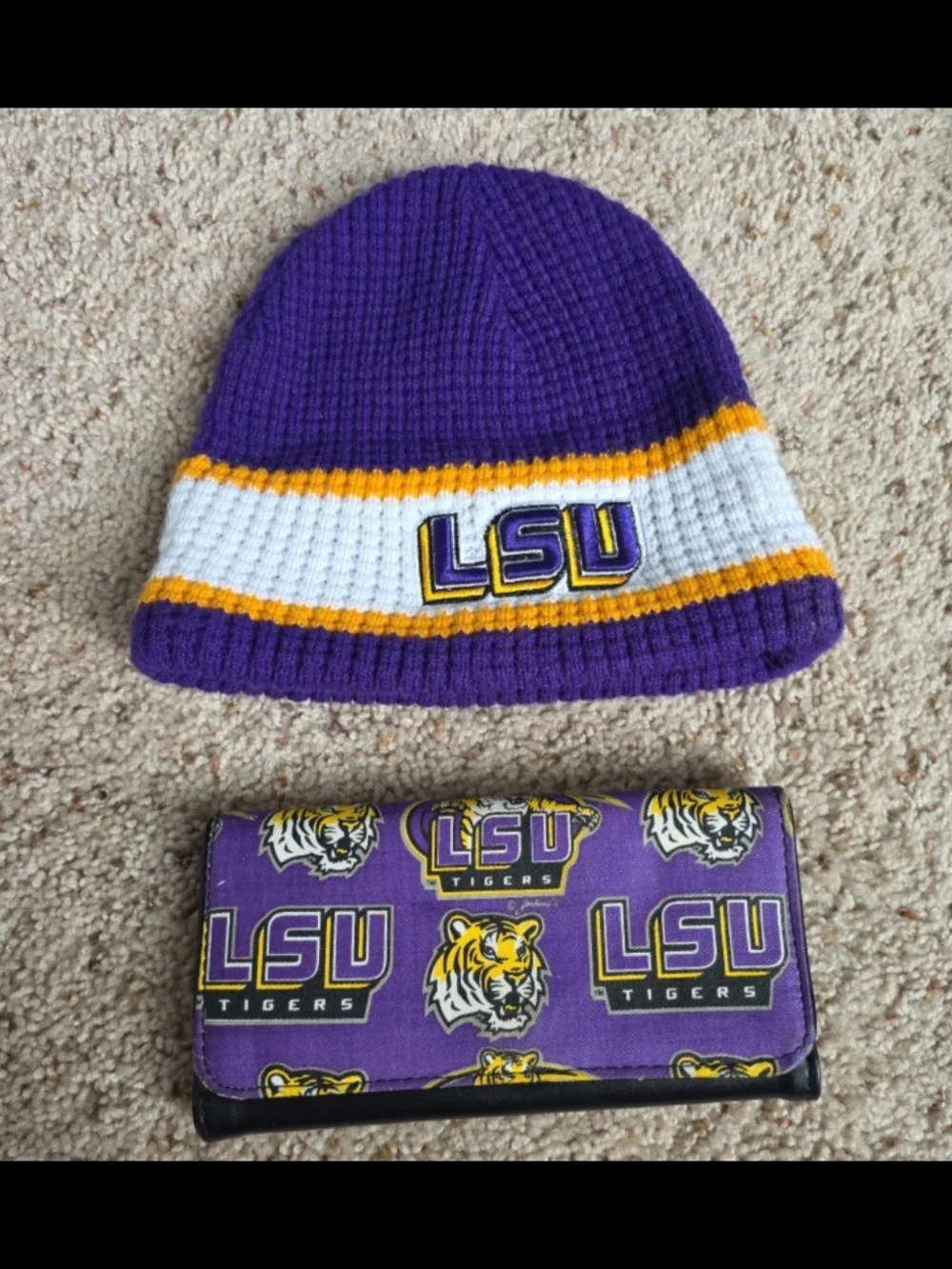 Purple & White Knit Beanie LSU College Logo